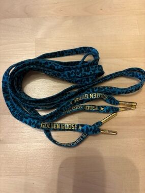 Golden Goose Teal Leopard Print Shoelaces with Gold Tips